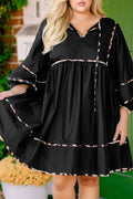 Black Plus Size Long Sleeve Leopard Contrasted Trim Tie Neck Flared Mini Dress