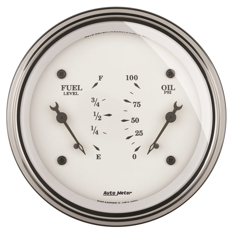 AutoMeter Gauge Dual Fuel & Oilp 3-3/8in. 240 Ohm(e) to 33 Ohm(f) & 100PSI Elec Old Tyme Wht 1613