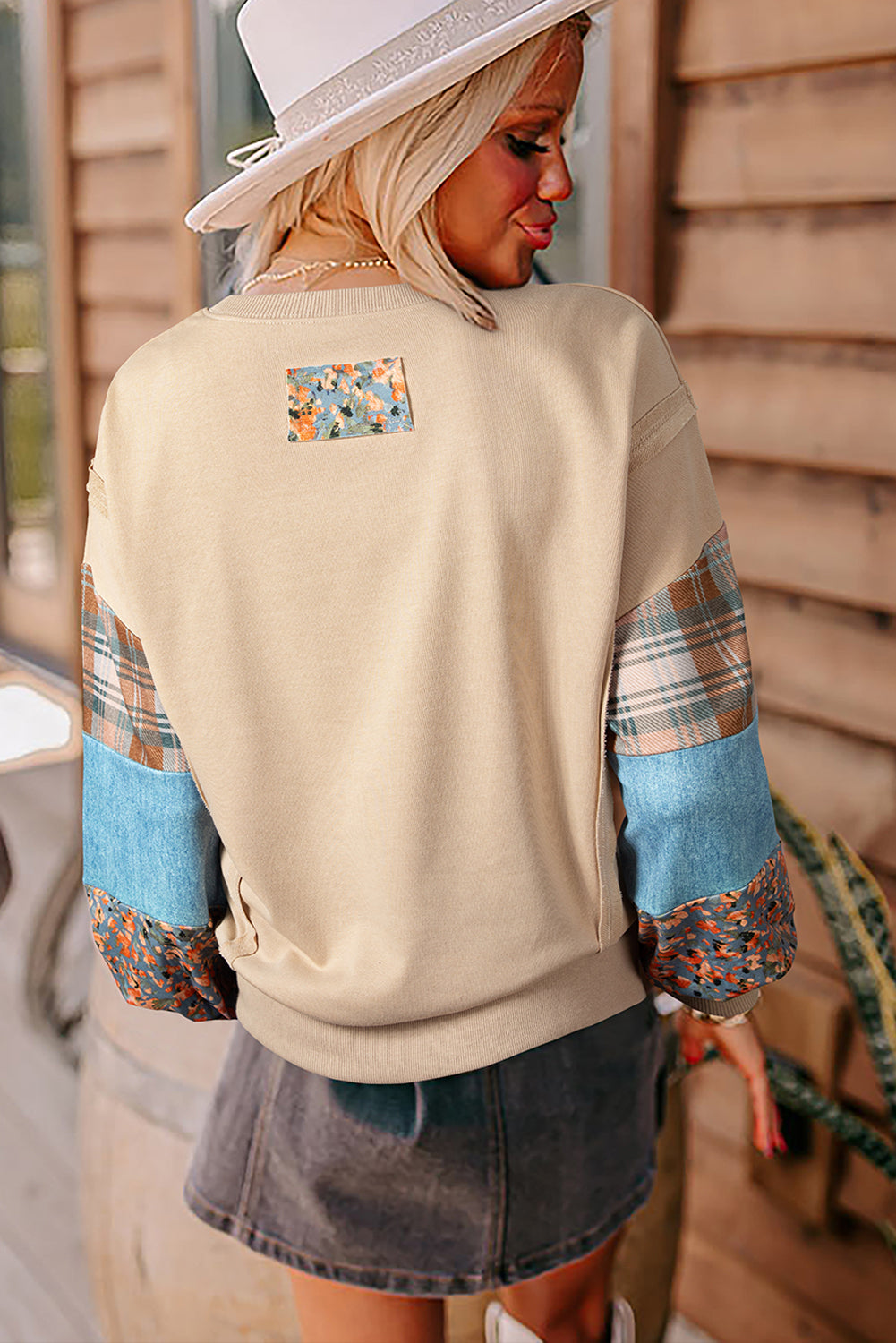 Smoke Gray Plaid Patchwork Sleeve Raw Seam Sweatshirt