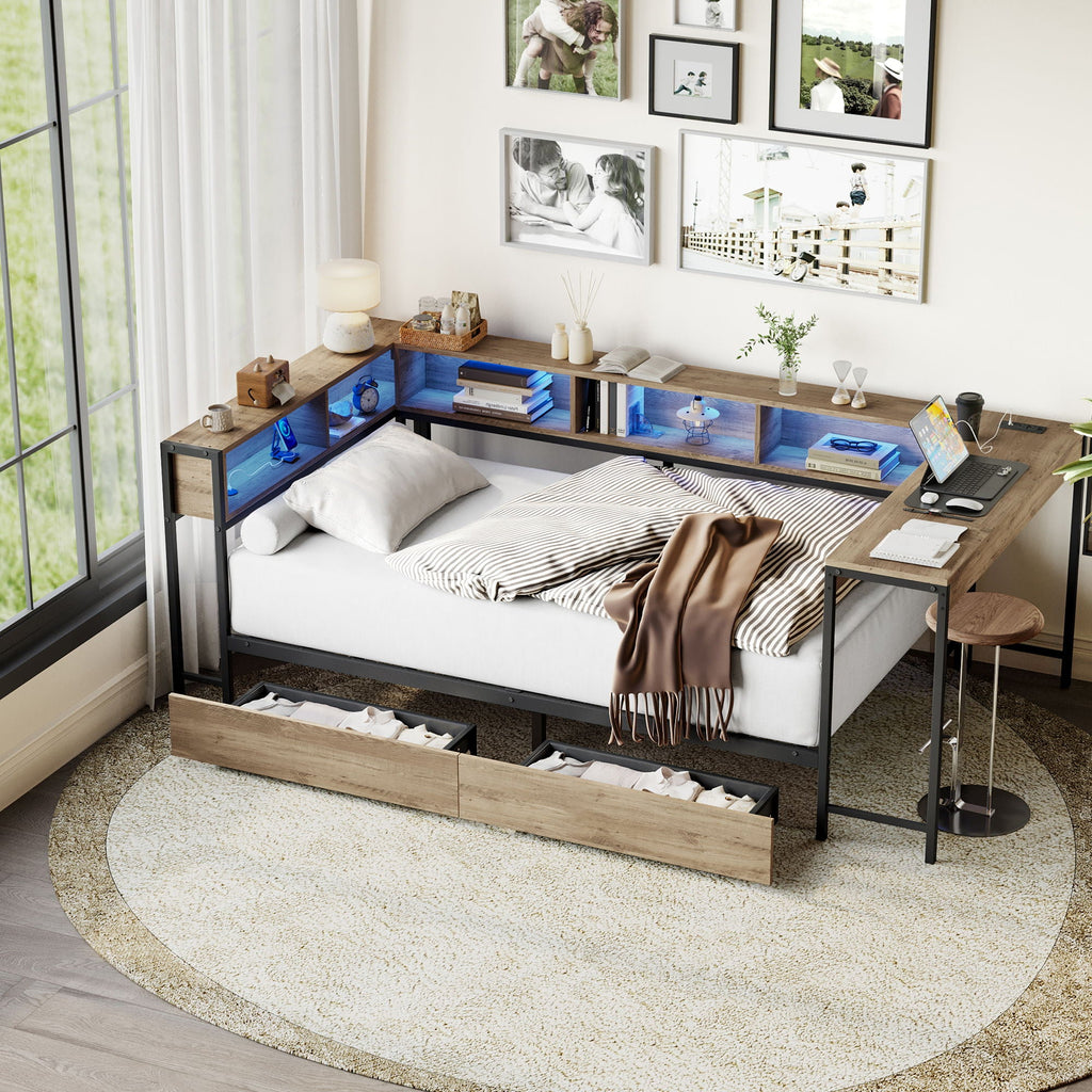 Corner Bed Frame Twin Size With Bookcase And 2 Underbed Storage Drawers, Modern Twin Bed With LED Light And Charging Station, Modern Daybed Reversible Left Or Right - Gray