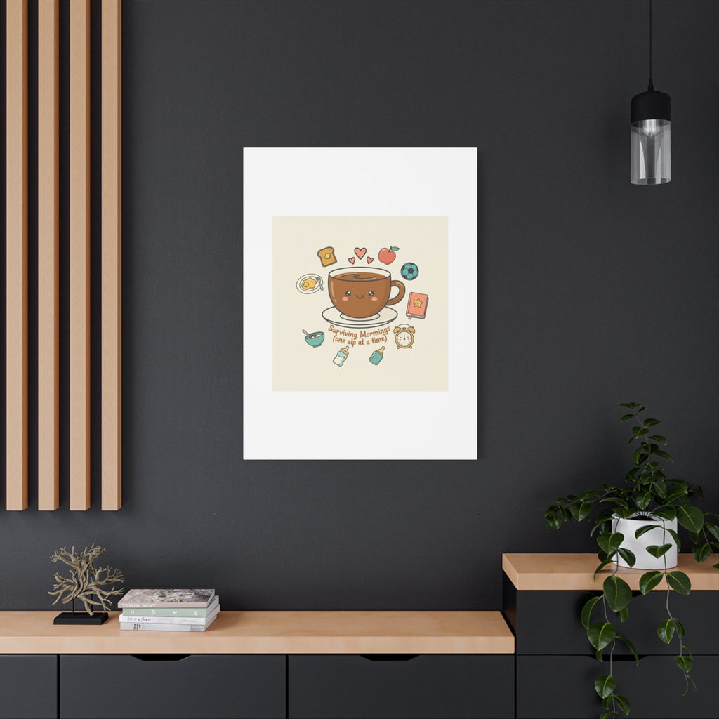 Surviving Mornings (One Sip at a Time) Canvas | Parenting Morning Humor, Coffee & Kids