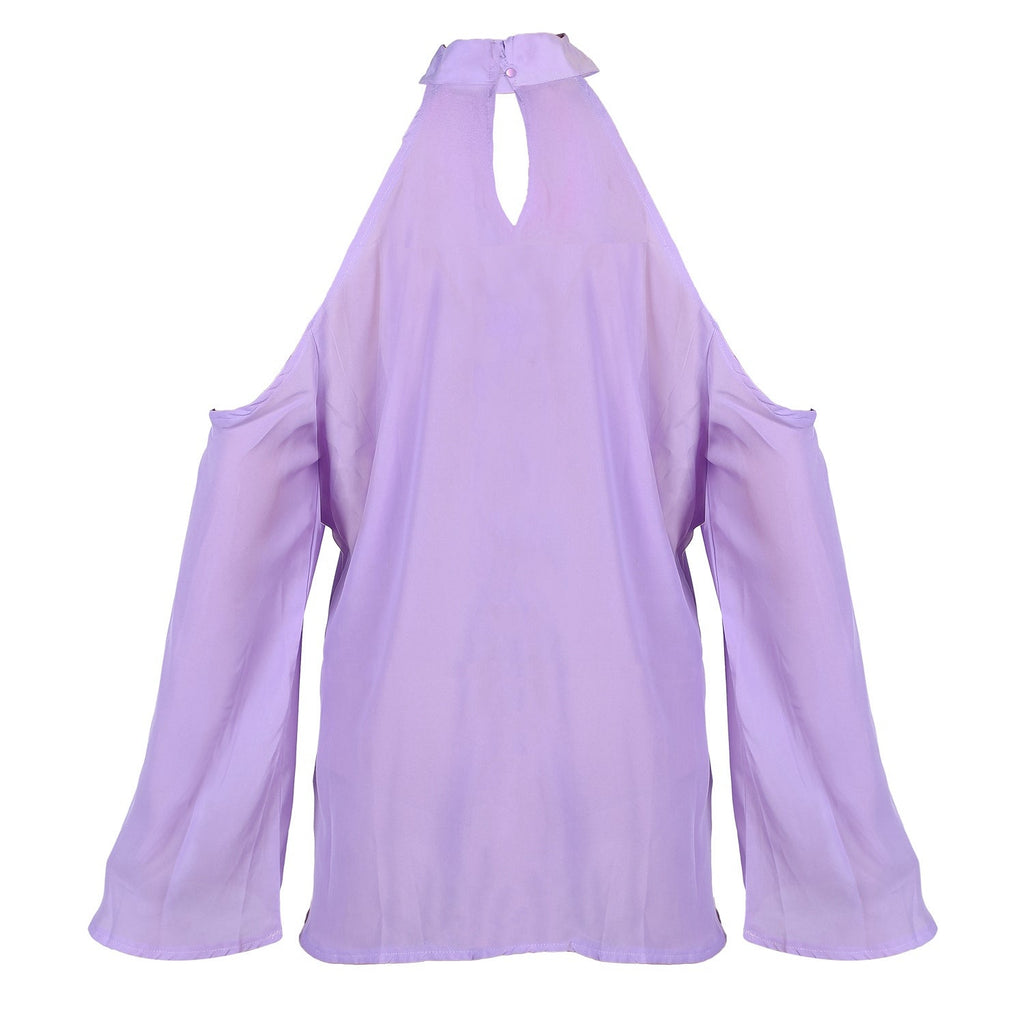 Women\'s Sexy Off The Shoulder Blouses Cold Shoulder Tops V-Neck Long Sleeve T-Shirt Solid Color Summer
