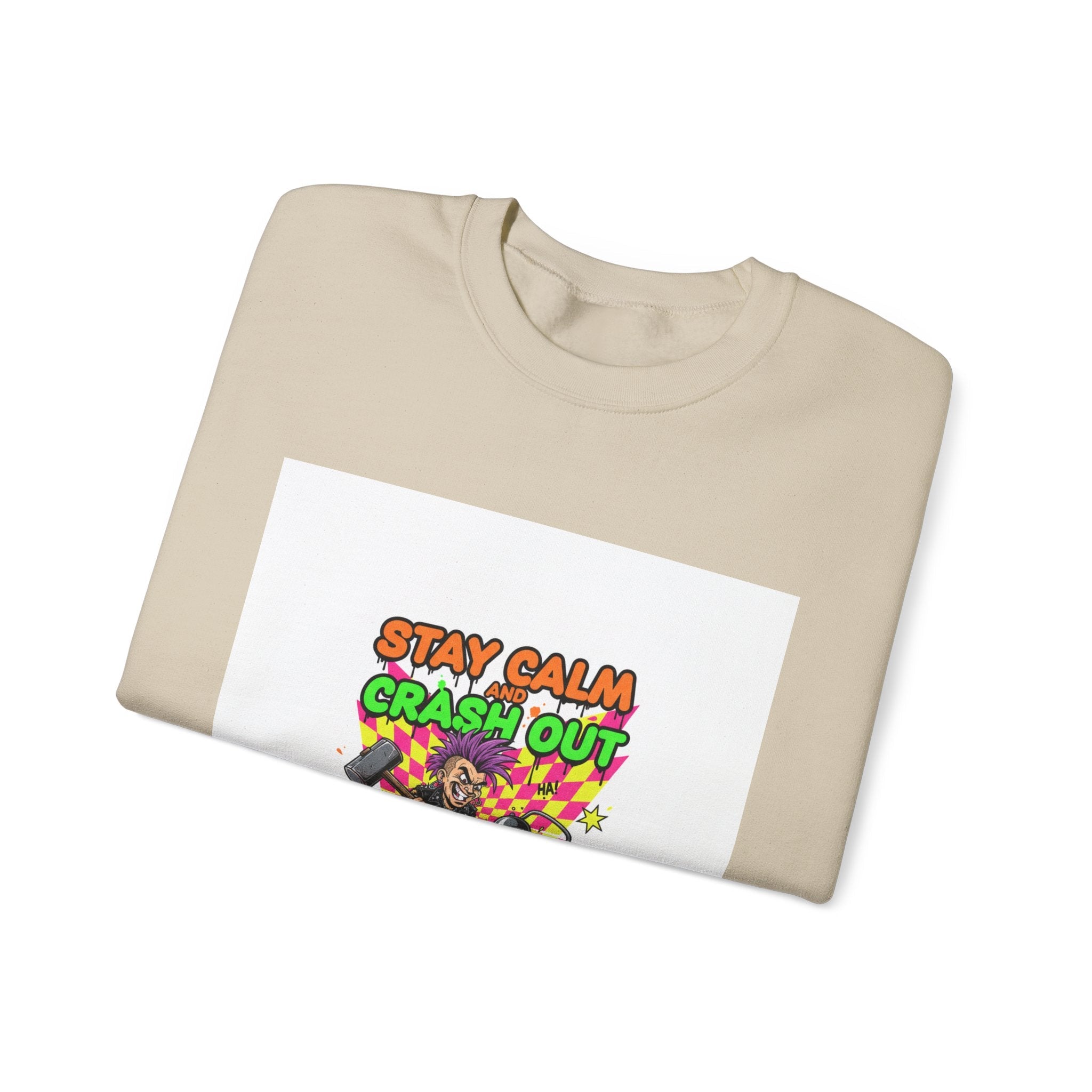 Stay Calm Crash Out Crewneck Sweatshirt | neon graffiti, meltdown design