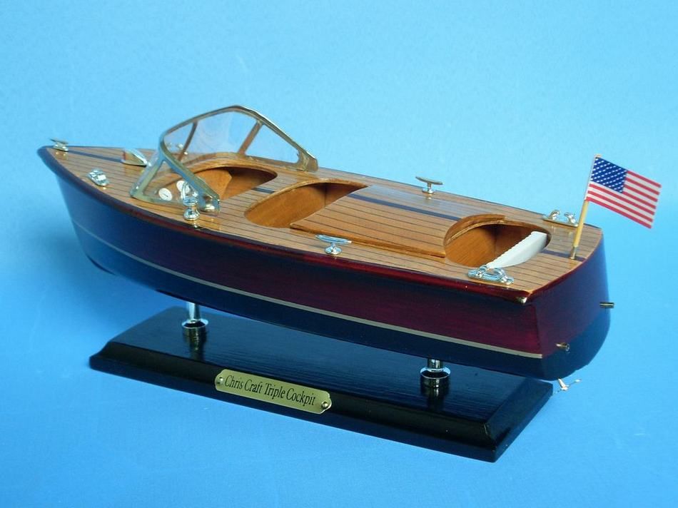 Wooden Chris Craft Triple Cockpit Model Speedboat 14""