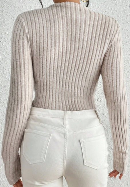 Women's Ribbed Mock Neck Knit Jumpsuit Long Sleeve Slim Casual Jumpsuit, High Neck Ribbed Knit Long Sleeve Women's Bodysuit For Spring And Autumn, Versatile Casual Jumpsuit.