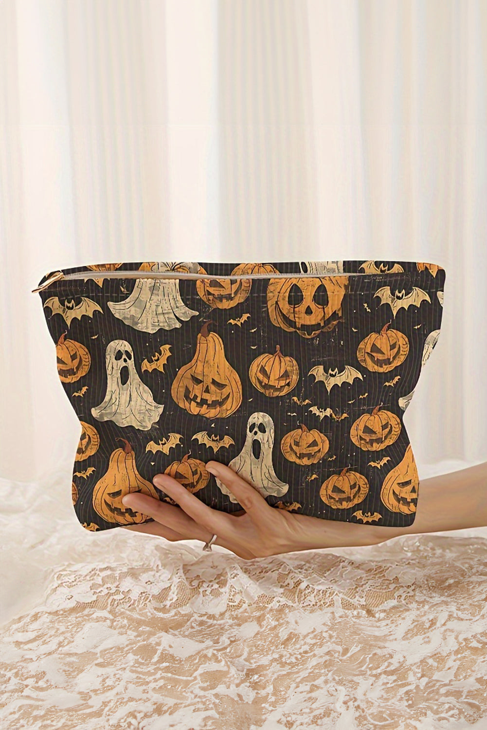 Black Halloween Print Corduroy Makeup Bag