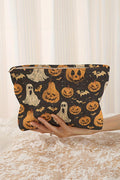 Black Halloween Print Corduroy Makeup Bag