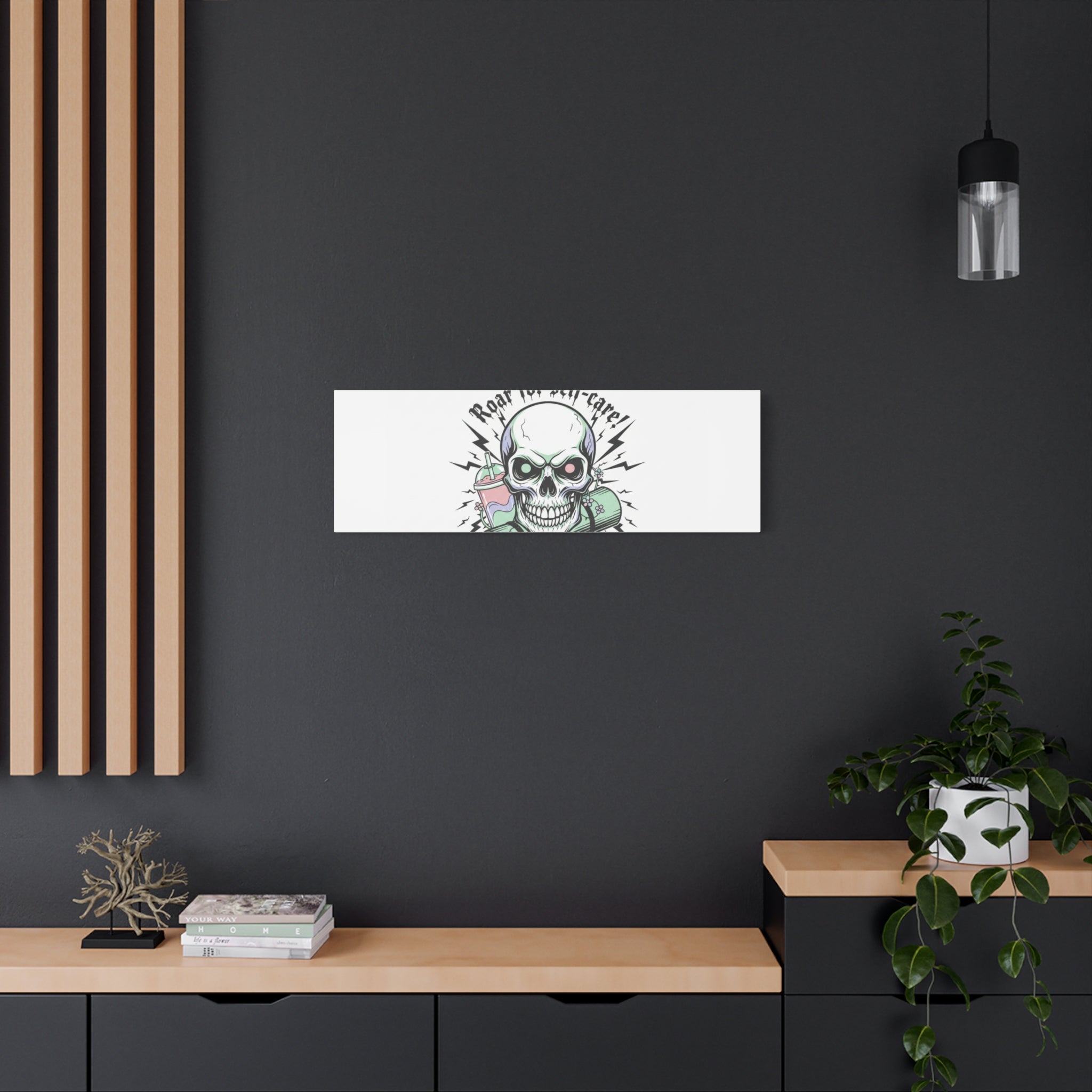 Roar for Self-Care Skull Canvas | heavy metal wellness, gothic wellness quote