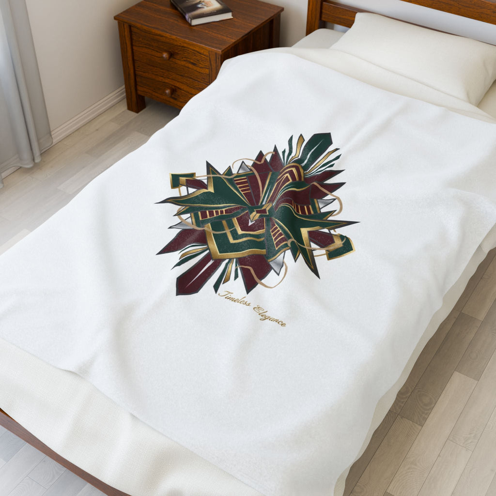 Art Deco Emerald & Burgundy Geometric Velvet Throw Blanket | Brass Chrome Fan Motif