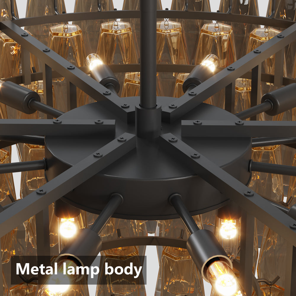 Tiered Smoke Glass Chandelier | 14-Light Round or 12-Light Rectangular, Brushed Black or Gold Metal Frame — 37" or 54", Dimmable