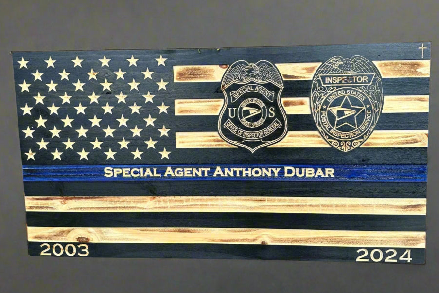 Custom Thin Blue Line Wooden Flag with Engraved Police Badge