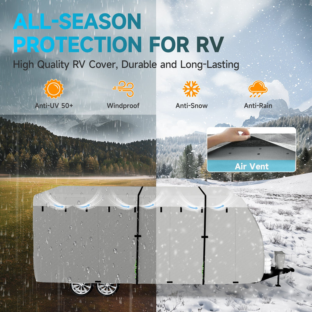 Umbrauto Bi-component Hi-tech Fabric RV Cover,Travel Trailer Cover, Waterproof Camper Cover, Toy Hauler Cover with Tongue Jack Cover, Extra Windproof Ropes, Gutter Covers