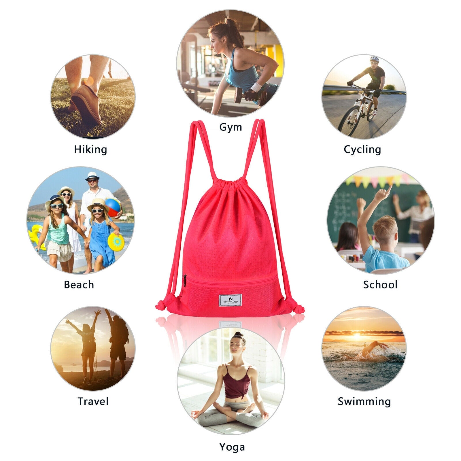 Drawstring Backpack String Bag Foldable Sports Sack with Zipper Pocket