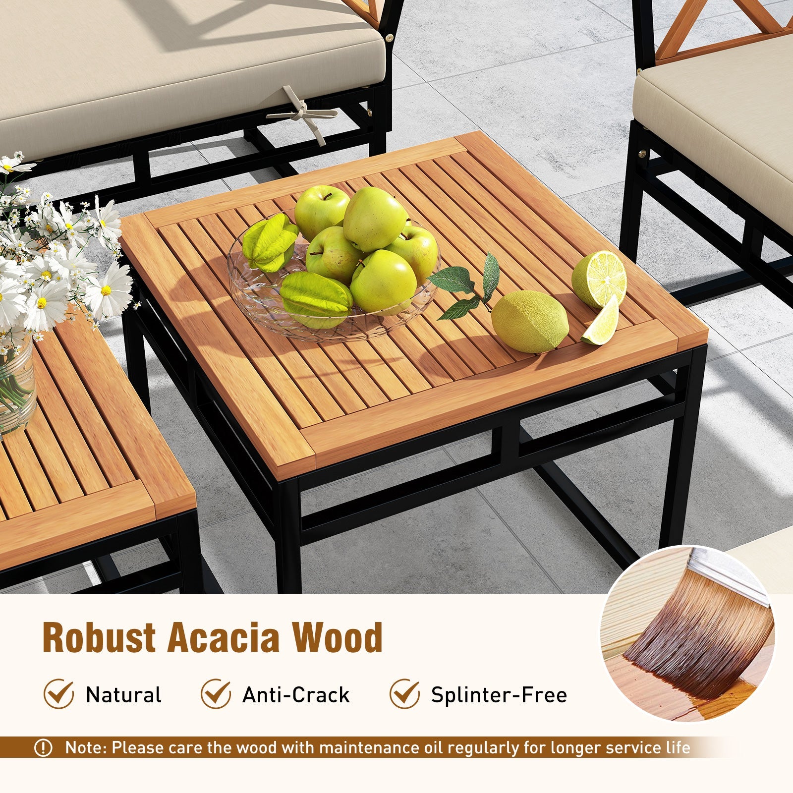 7 Piece Outdoor Conversation Set with Cushions and Bungee Rope Seat-Beige