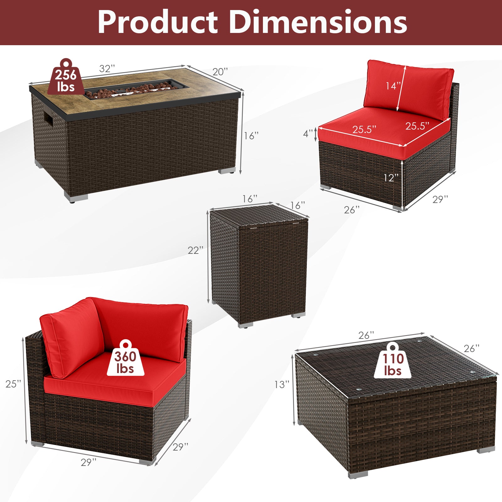 7 Pieces Outdoor Furniture Set with 32 Inch Fire Pit Table and Propane Tank Cover