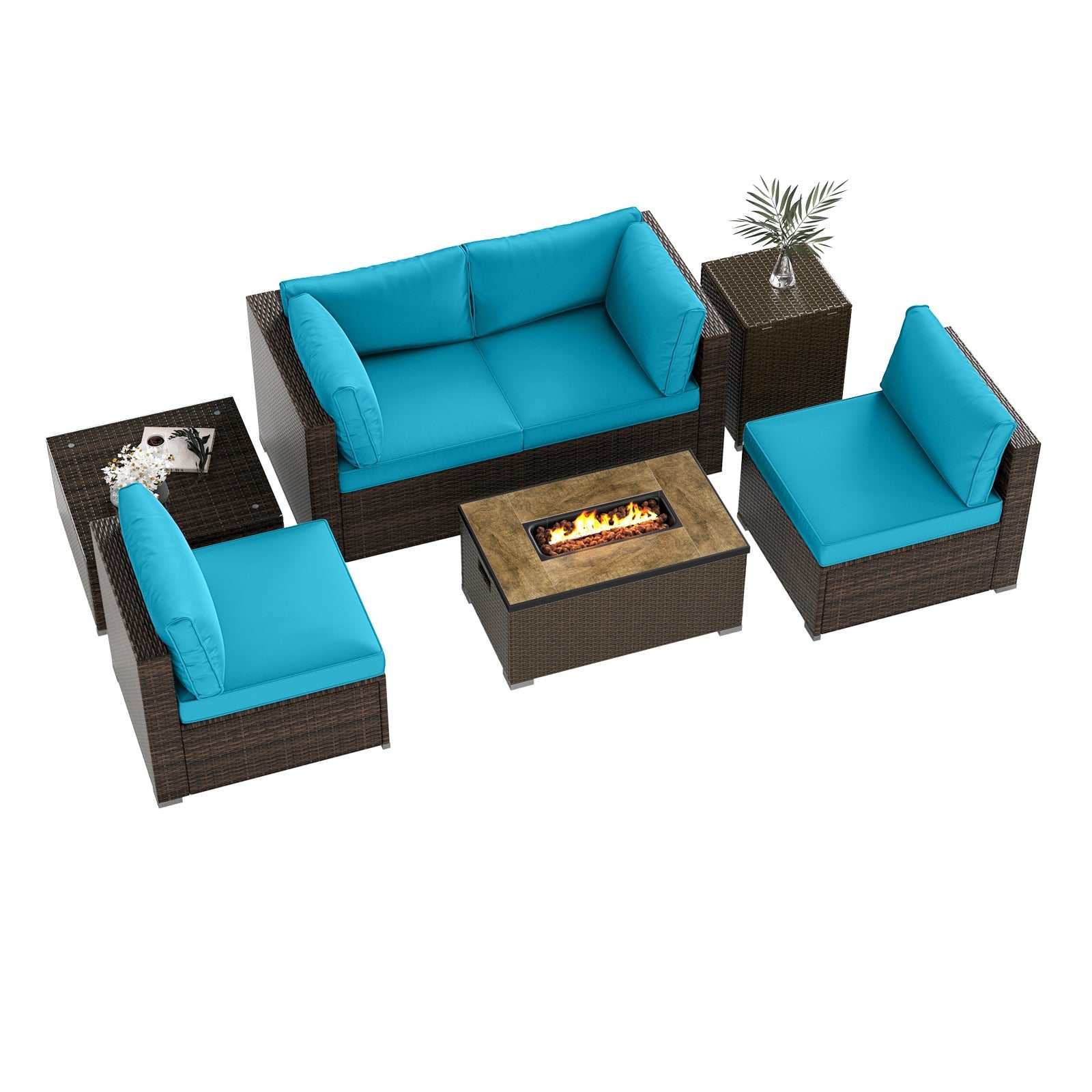7 Pieces Outdoor Furniture Set with 32 Inch Fire Pit Table and Propane Tank Cover