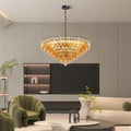 Tiered Smoke Glass Chandelier | 14-Light Round or 12-Light Rectangular, Brushed Black or Gold Metal Frame — 37" or 54", Dimmable