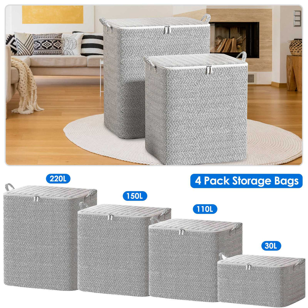 4 Pack Foldable Non Woven Storage Bags Closet Organizers Wardrobe Sorting Baskets with 2 Handles Dustproof Lid Zipper for Clothes Quilt 30L 110L 150L