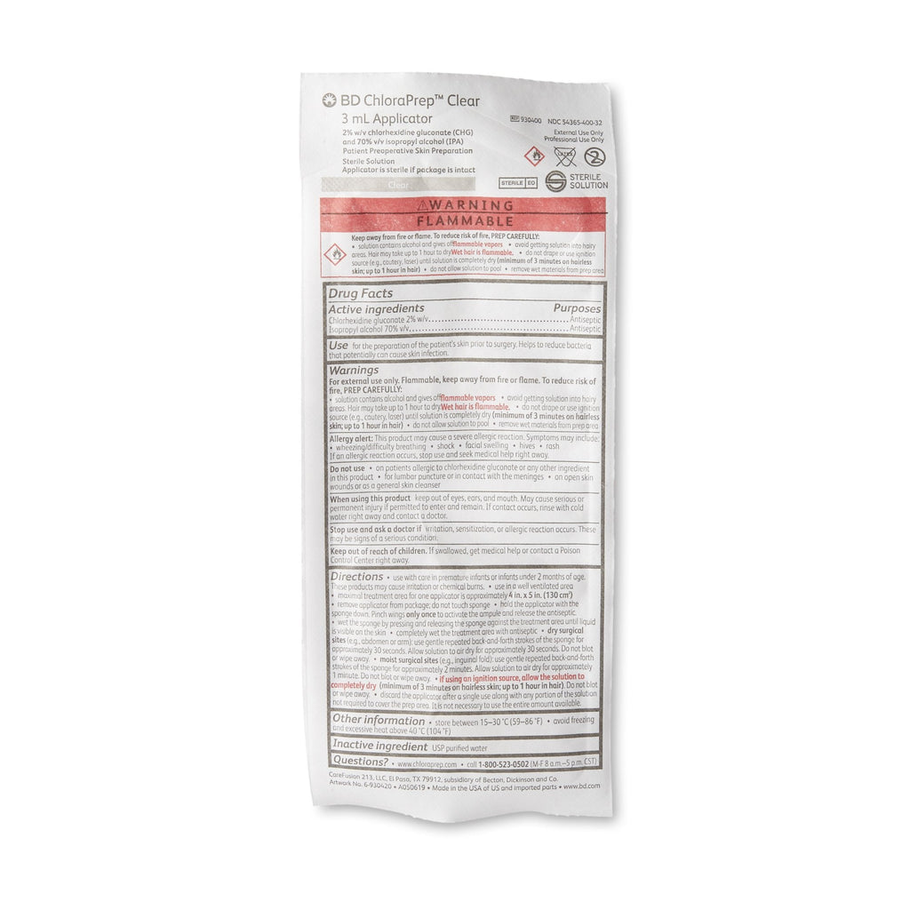 Skin Prep Solution ChloraPrep™ Clear 3 mL Foam Applicator 2% / 70% Strength CHG (Chlorhexidine Gluconate) / Isopropyl Alcohol Sterile 930400