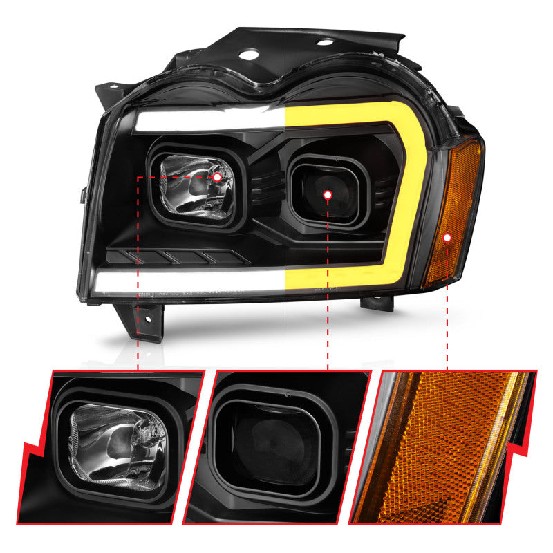 ANZO 2005-2007 Jeep Grand Cherokee Projector Headlights w/ Light Bar Switchback Black Housing 111543