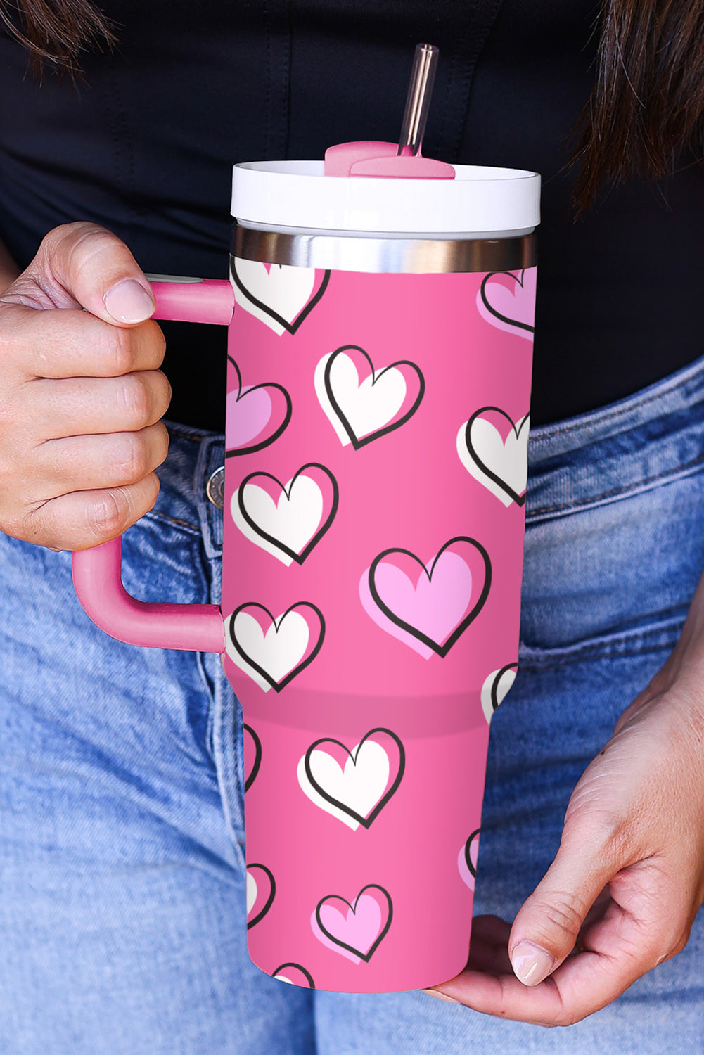Rose Red Valentines Heart Printed Cup with Handle 40oz