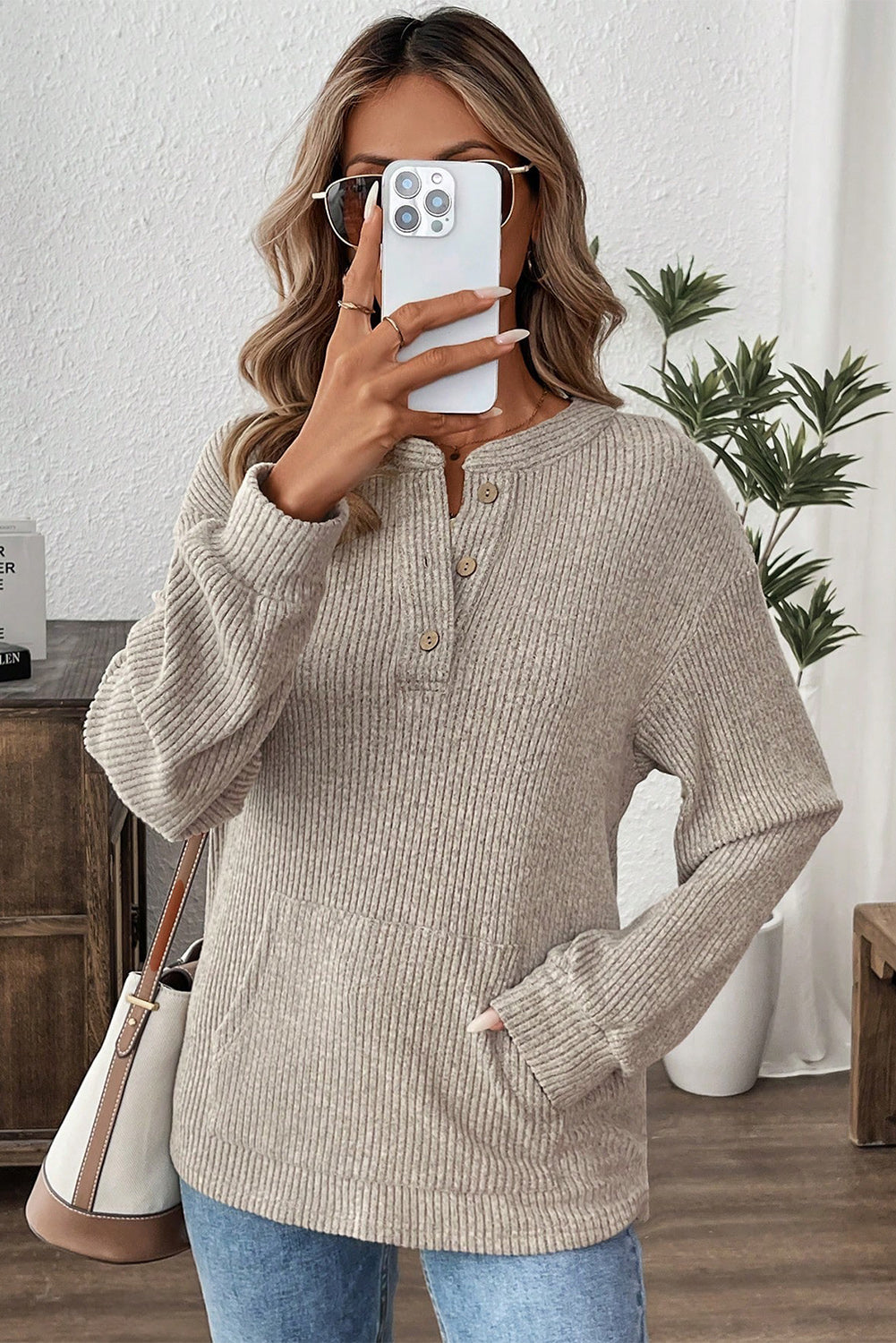 Clearly Aqua Ribbed Texture Drop Shoulder Henley Knit Top