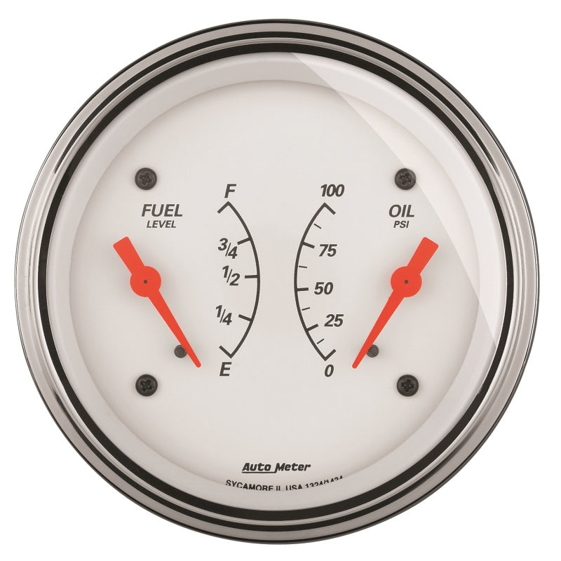 AutoMeter Gauge Dual Fuel & Oilp 3-3/8in. 0 Ohm(e) to 90 Ohm(f)& 100PSI Elec Arctic White 1324
