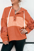 Cinnamon Striped Waffle Patchwork Drawstring Hooded Long Sleeve Top