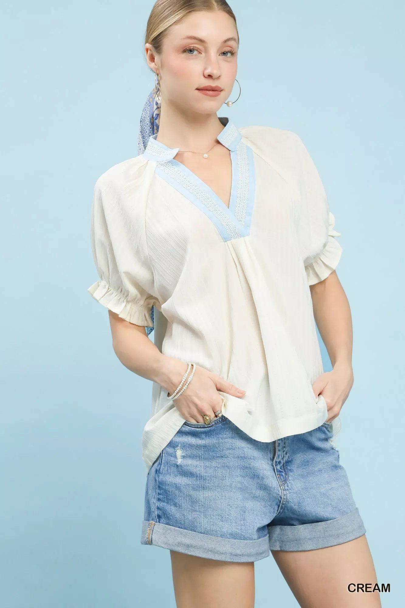 Umgee Textured V-Neck Top with Lace Trim Details