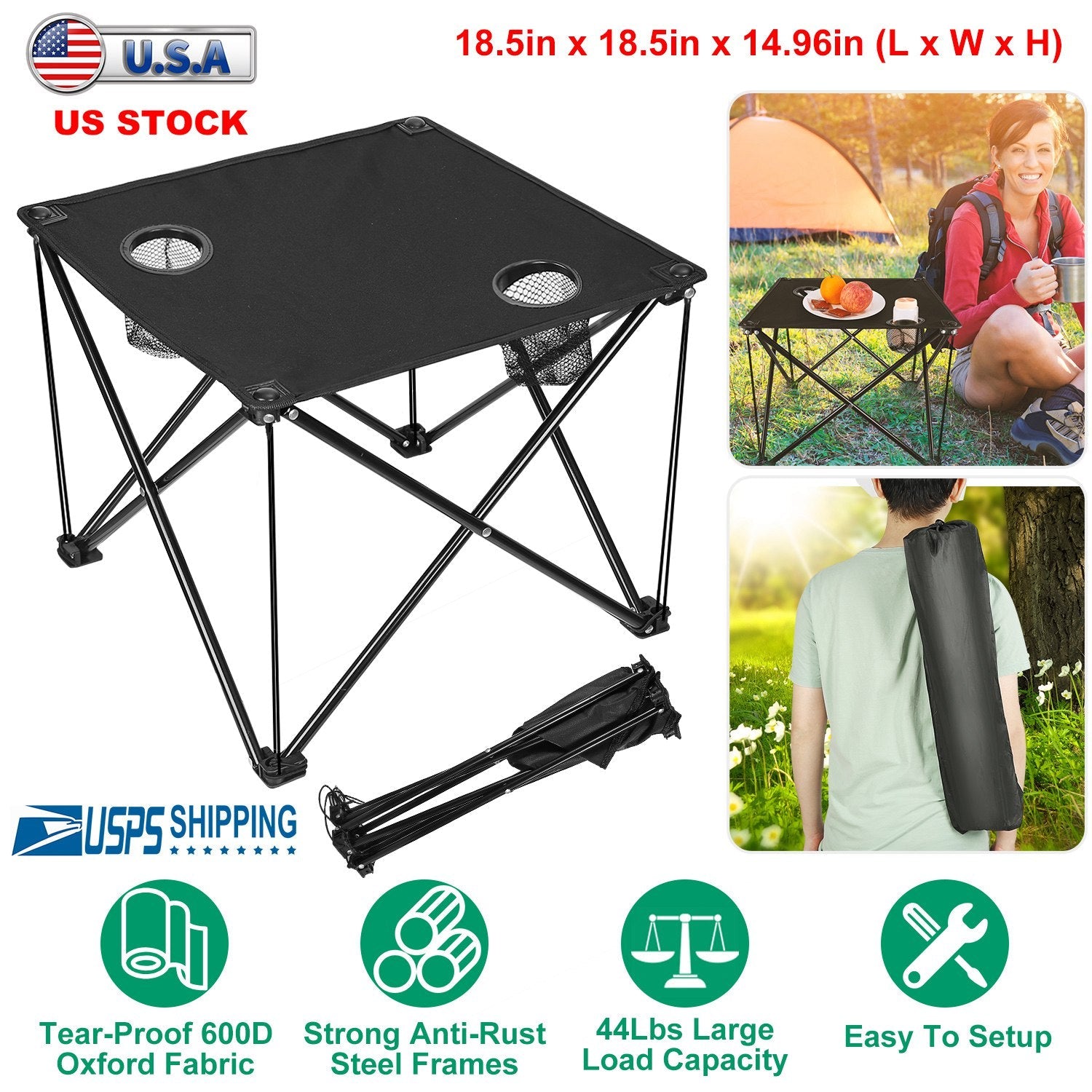 2Pcs Foldable Camping Table Portable Picnic Table Lightweight Travel Desk with 2 Cup Holders/Table Carrying Bag