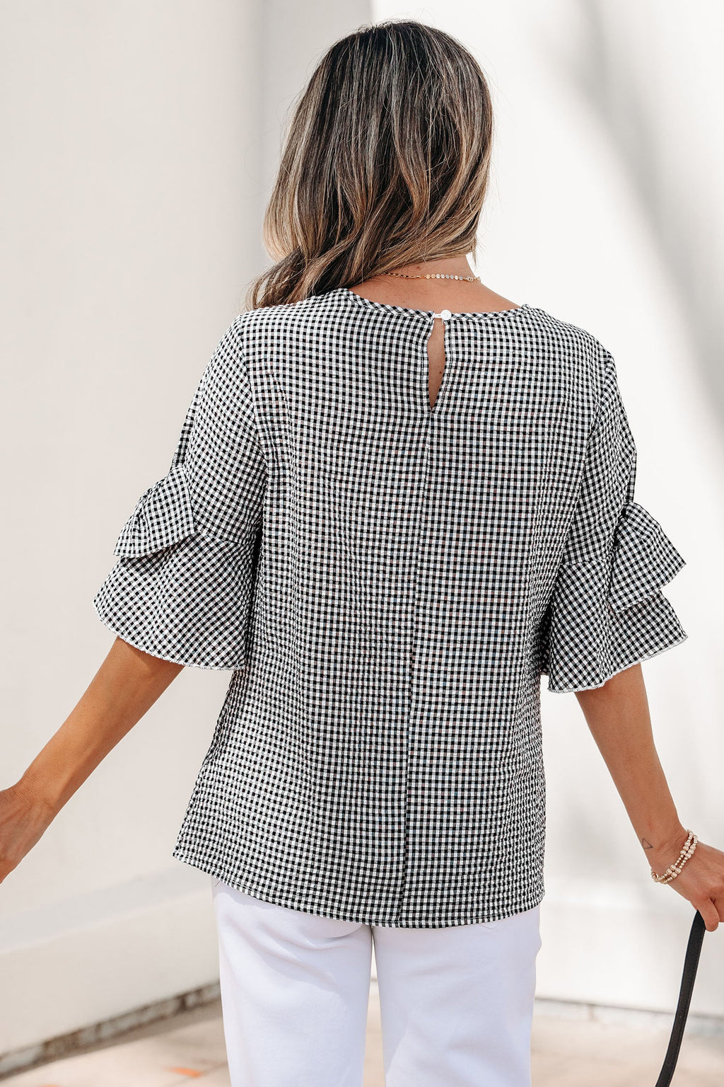 Black Plaid Bow Ruffled Half Sleeve Round Neck Blouse