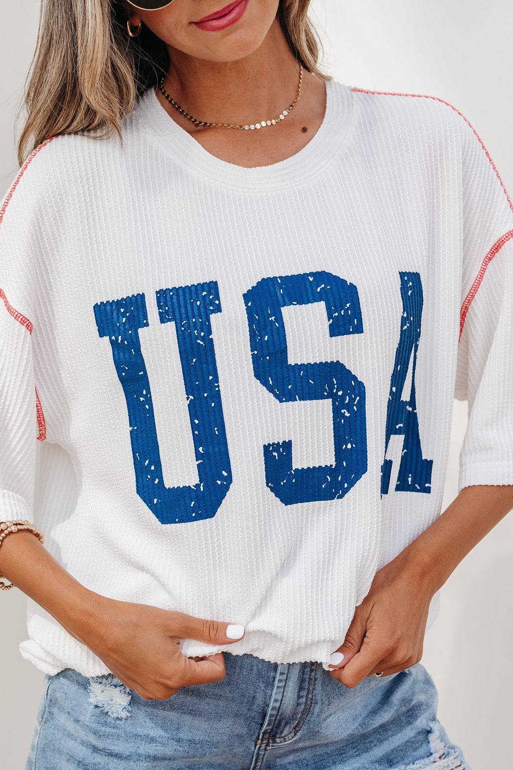 White USA Graphic Half Sleeve Loose Ribbed Top