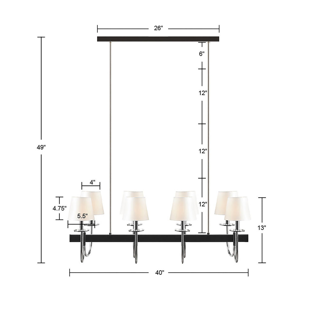 8-Light Rectangular Chandelier with Drum Shades | Black & Silver Farmhouse Ceiling Light — 40" Wide, Adjustable Height, Dining Room & Kitchen Island