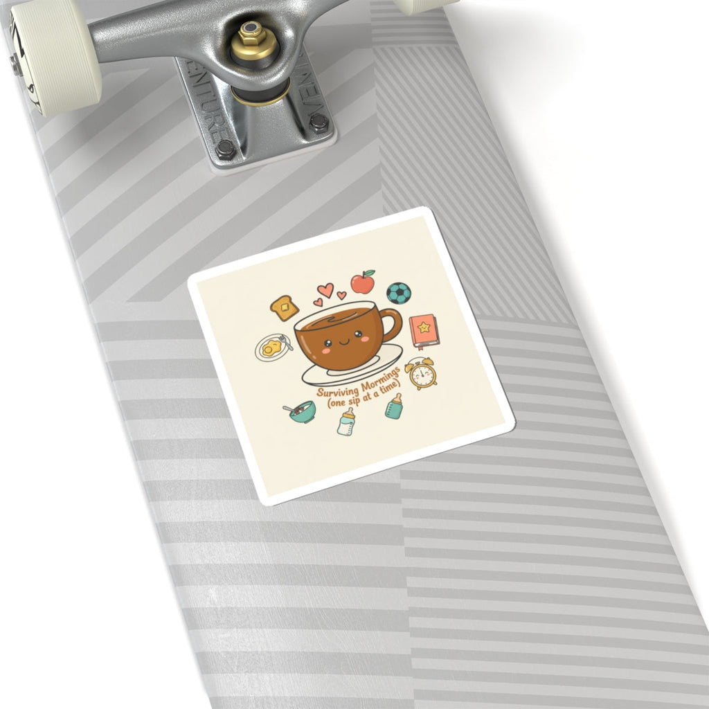 Surviving Mornings Coffee Cup Sticker | Parenting Morning Humor, Morning Chaos