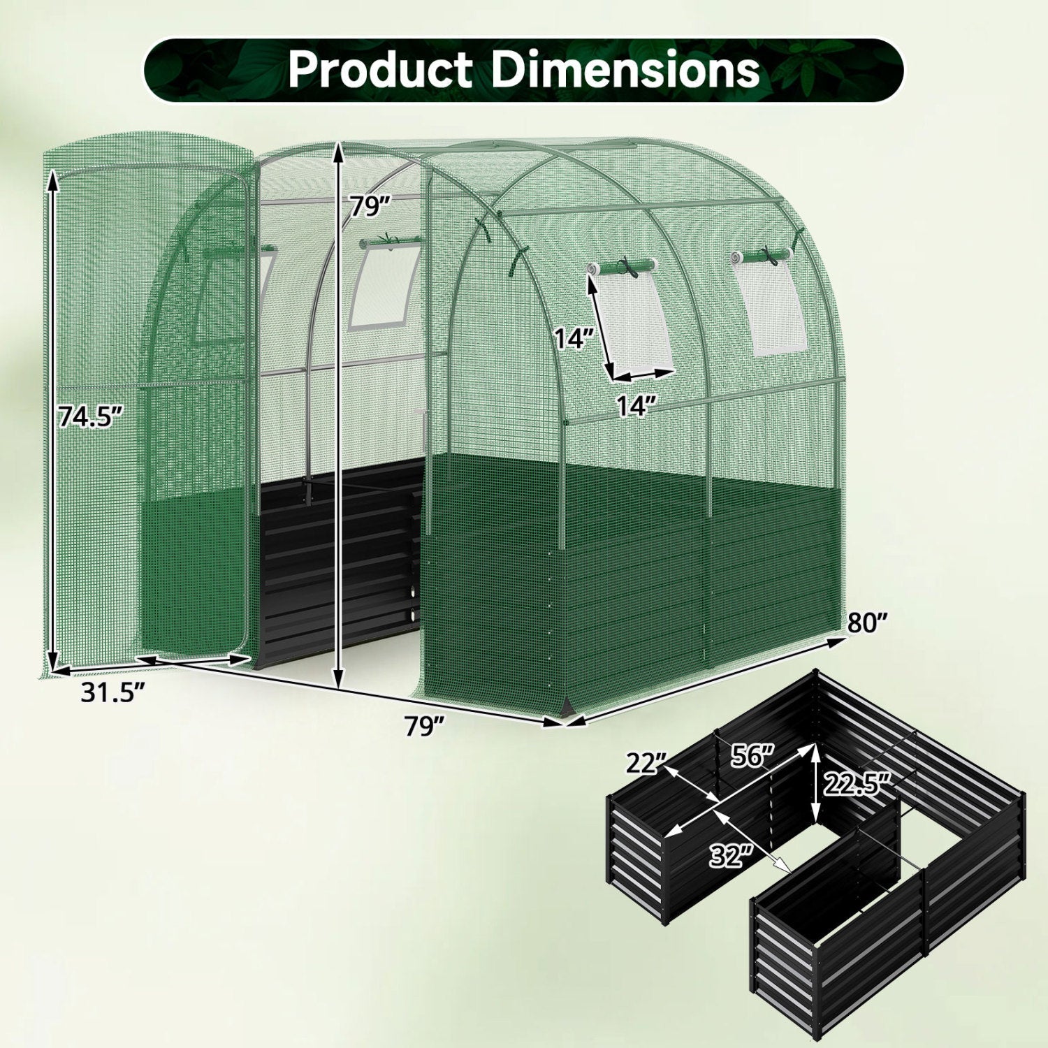 Walk-In Greenhouse with Planter Bed 80" x 79" x 79"