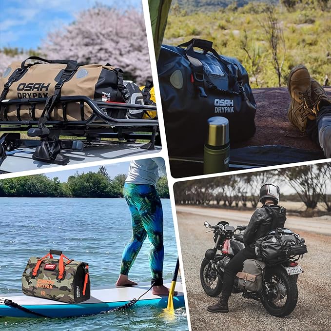 Waterproof Duffel& Luggage Bag - Motorcycle Dry Bag Tail Saddle Bags with Roll Top Closure,Large Storage Space,for Camping, Kayaking, Fishing & Traveling(SkyBlack, 60L)