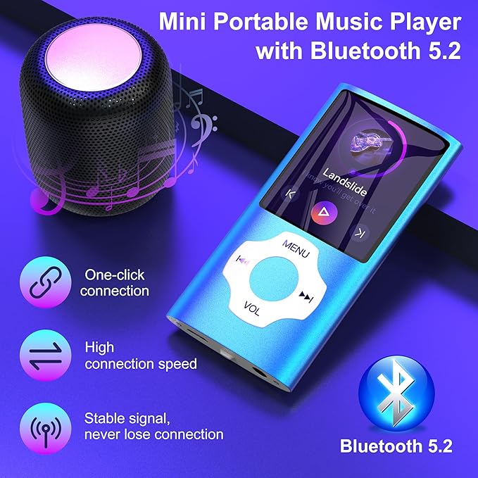 Portable 64GB MP3 Player with Bluetooth, MYMAHDI 1.8" HD LCD Screen MP4/MP3 Player Up to 128GB, Music Player with Video, Music, FM Radio, E-Book Reader, Voice Record, Photo Viewer, Darkblue