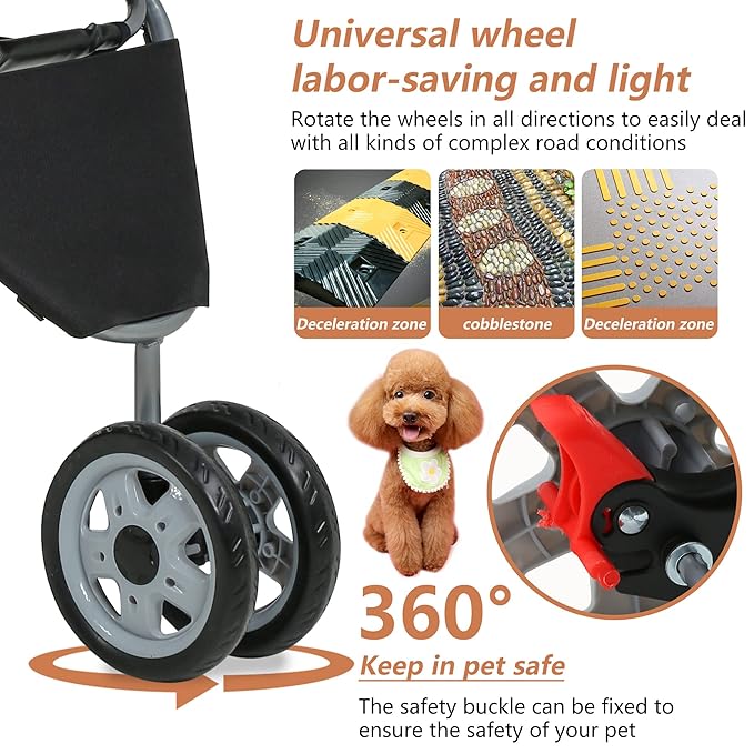 Travel Folding Pet Jogger for Small Medium Dog Cat - Folding Stroller with Storage Basket, Removable Cup Holders (Black, 3 Wheels)