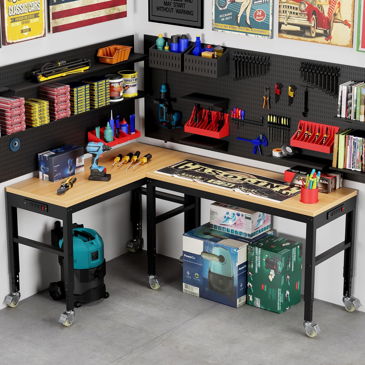 60” Adjustable Workbench，Heavy Duty Wood Work Bench 2000 Lbs Load Capacity,Work Table with Power Outlet and Wheels for Garage, Workshop, Office, Home