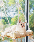 Cat Window Perch - Hammock Bed for Cats Inside - Solid Wood Seat, 4 Strong Suction Cups, Soft Cushion - Rustic Indoor Pet Shelf