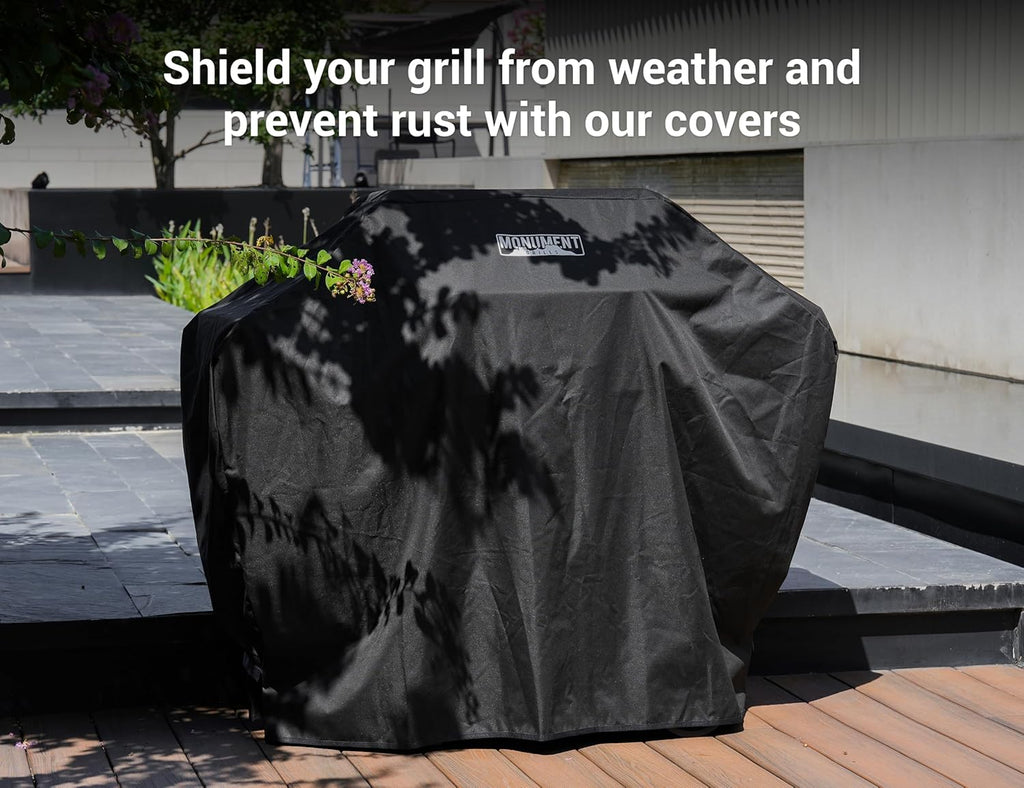 Monument Grills 4-Burner Liquid Propane Gas Grill, Silver Stainless Steel Grill Patio Garden Barbecue Grill with Clearview® Lid and One Foldable Shelf, Mesa400MF with BBQ Cover