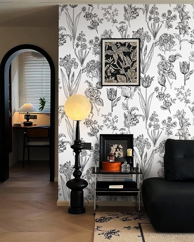 Dimoon 78.7"x17.3" Floral Peel and Stick Wallpaper White Contact Paper Waterproof Black Lines Wallpaper Vintage Flower Thicken Plant Self Adhesive Removable Wall Covering Shelf Liner Decal Vinyl Roll