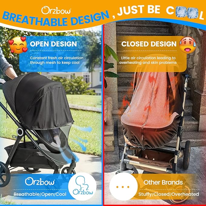 Orzbow 2-in-1 Baby Mosquito Net with UPF50+ Sunshade for Stroller, Breathable Stroller Mosquito Netting Privacy Cover with Two-Way Zipper & Storage Bag for Bassinet, Car Seat & Carrycot, Grey