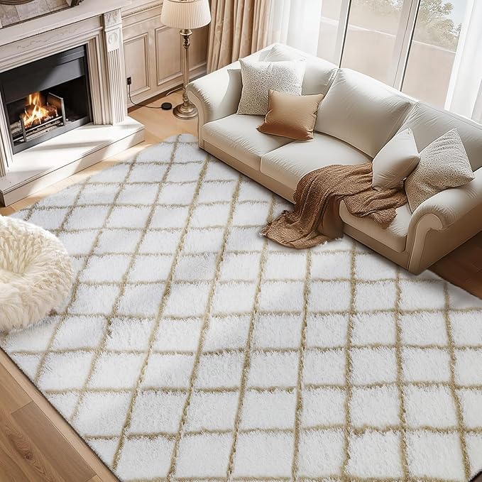 Fluffy Rug for Bedroom, 8X10Feet Stripe Checkered Rug Anti-Skid High Pile for Living Room Bedroom Kids Room Nursery, Dorm Home Decor