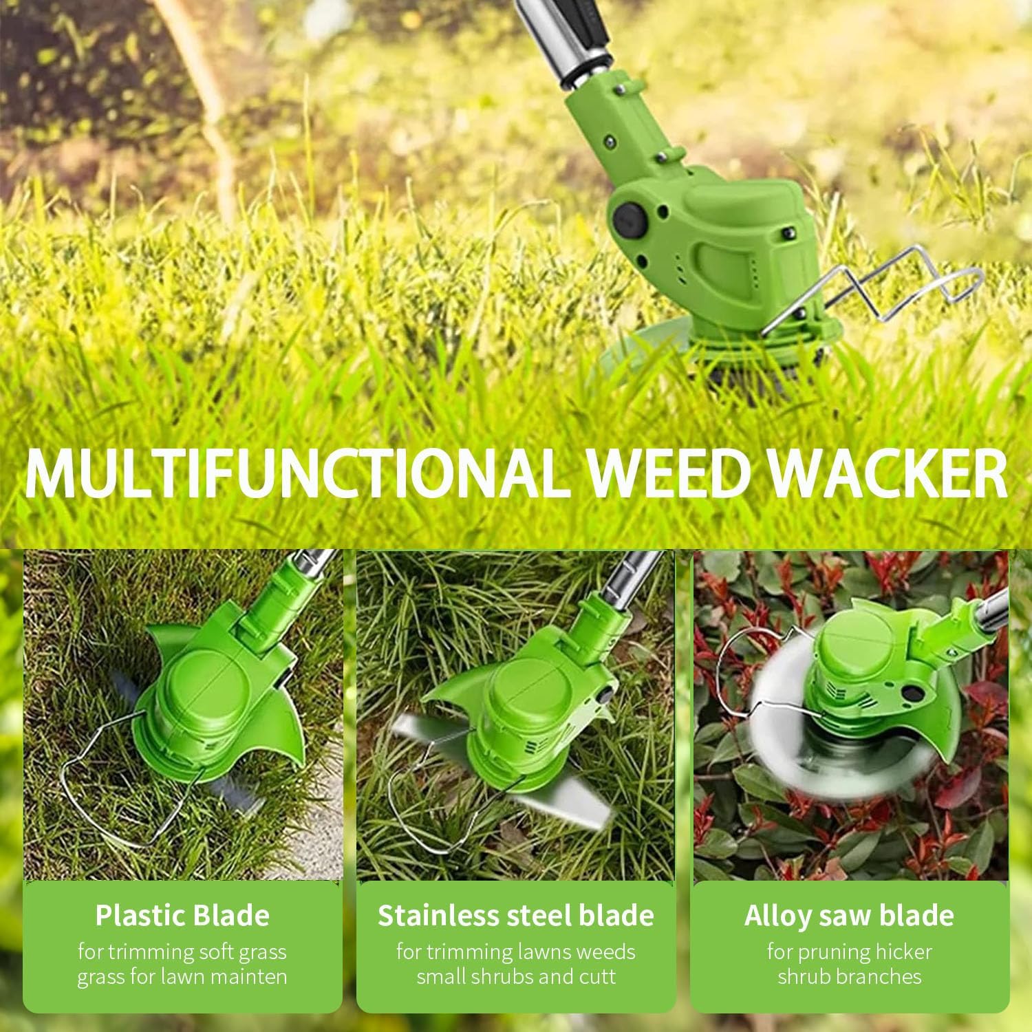 21V Electric Weed Wacker Eater Battery Powered, Cordless Weed Trimmer with 2 Battery Operated & Wheels, 3 in 1 Lightweight Grass Trimmer/Edger/Brush Cutter for Garden Yard Lawn