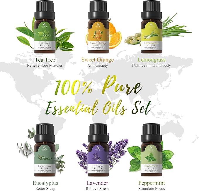 ASAKUKI Oil Diffuser with Essential Oils Set, 500ml Aromatherapy Humidifier with 14 LED Colors & Auto Shut-Off - 6 Oil Gift Pack(Lavender Eucalyptus Tea Tree Orange Peppermint Lemongrass)