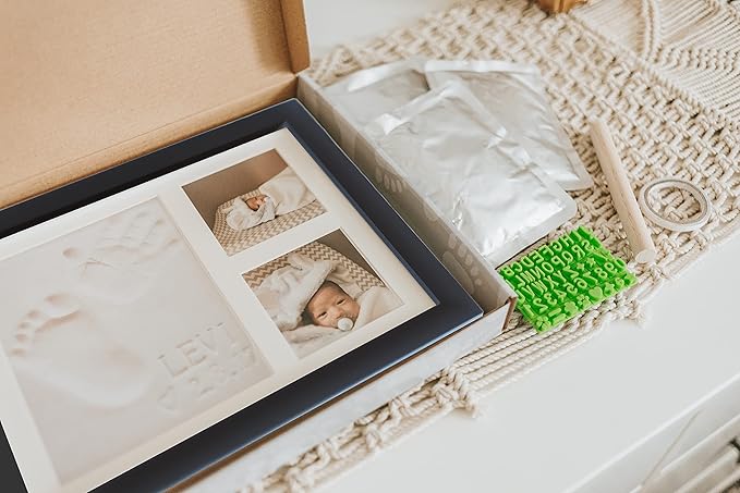 Baby Hand & Footprint Clay Keepsake Photo Frame Kit - w/Silicone Stencil for a Personalized Gift. Wood Frame, Wall/Table Mount. Perfect Registry, Baby Shower, New Mom, Birthday & Newborn Gift - Black