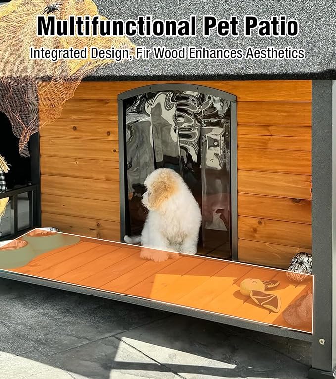 Extra Large Dog House Outdoor for Large Dogs, Insulated Dog House with Metal Frame, Waterproof Dog Shelter with Asphalt Roof, PVC Curtain & Multifunctional Patio, Indoor Outdoor Use