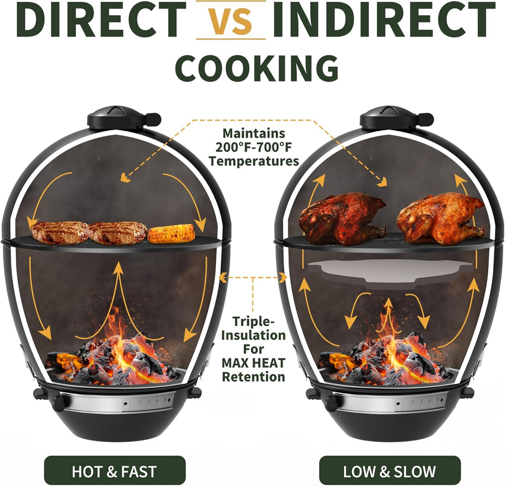 Brand-Man RODEO Steel Kamado Charcoal Grill & Smoker - 22" Cast Iron Grates, Grilling Basket, Large Prep Table Cart, Ideal for Outdoor Cooking