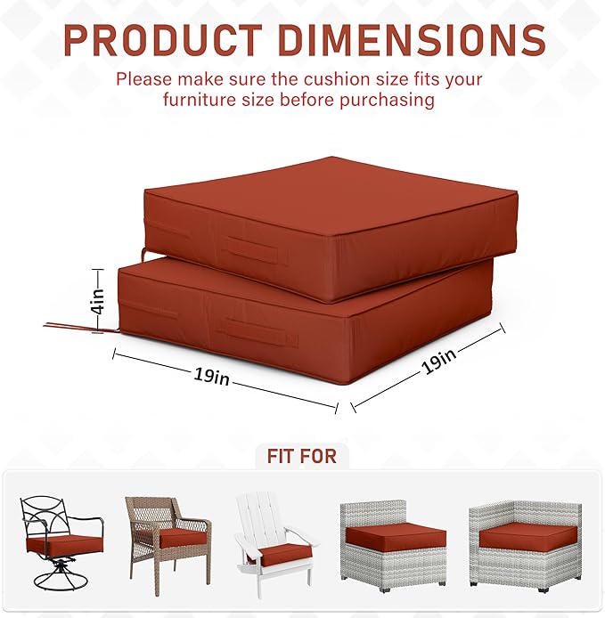 Patio Chair Cushions 19 X 19 X 4 Inch Waterproof Outdoor Seat Cushions for Patio Furniture, Outdoor Sofa Couch Pads with Ties & Handle, Set of 2, Terra Red